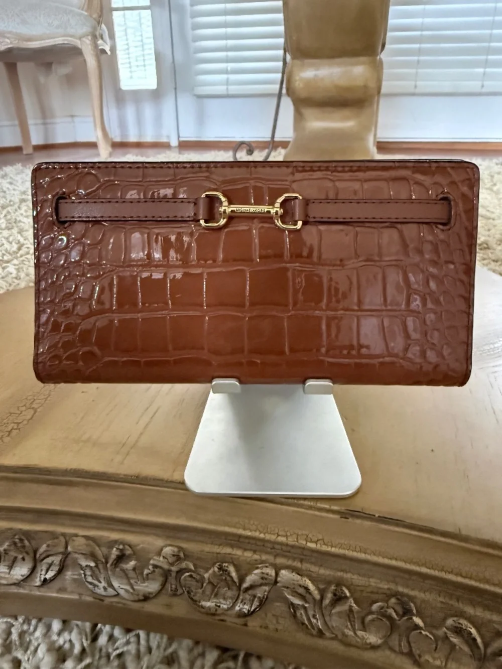 Michael Kors Carson Large Snap Wallet Crocodile Embossed Leather Brown NWOT